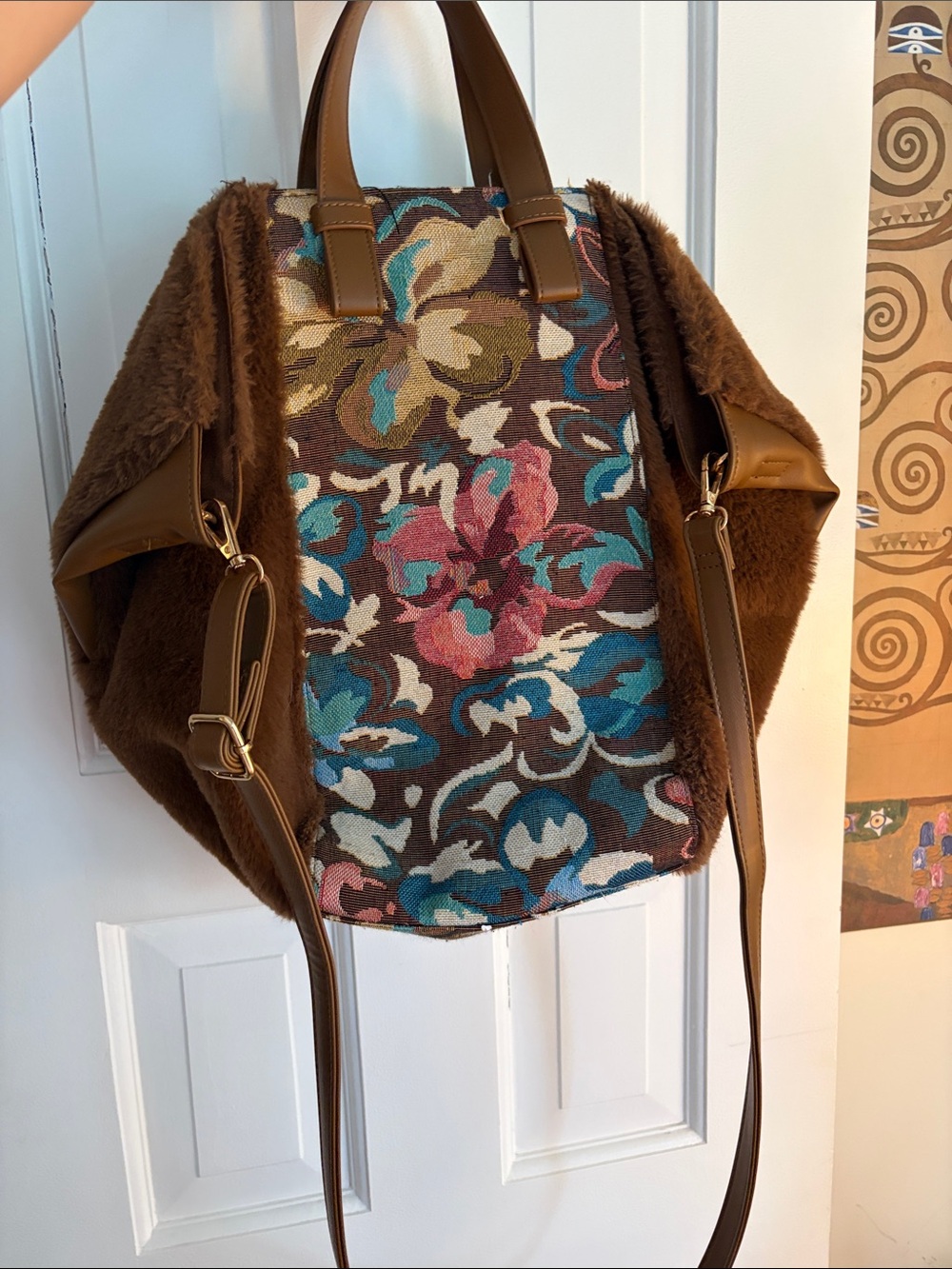 Anthropologie Brown Floral Mixed-Media Tote with Blue & Pink Accents - Picture 3 of 4